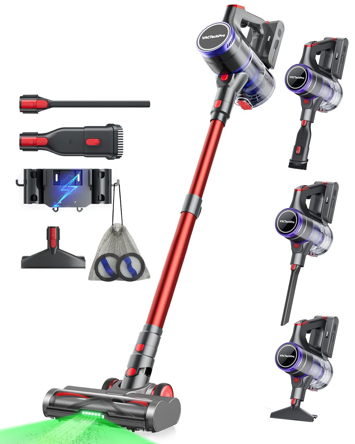 VACTechPro Ultra Cordless Vacuum Cleaner, 48KPA/550W/70min Stick Vacuum with 1.5L Dustbin, Wall-mounted Charging/Removable Battery, Anti-Tangled Handheld Vacuum for Hard Floors Carpet Car Pet Hair