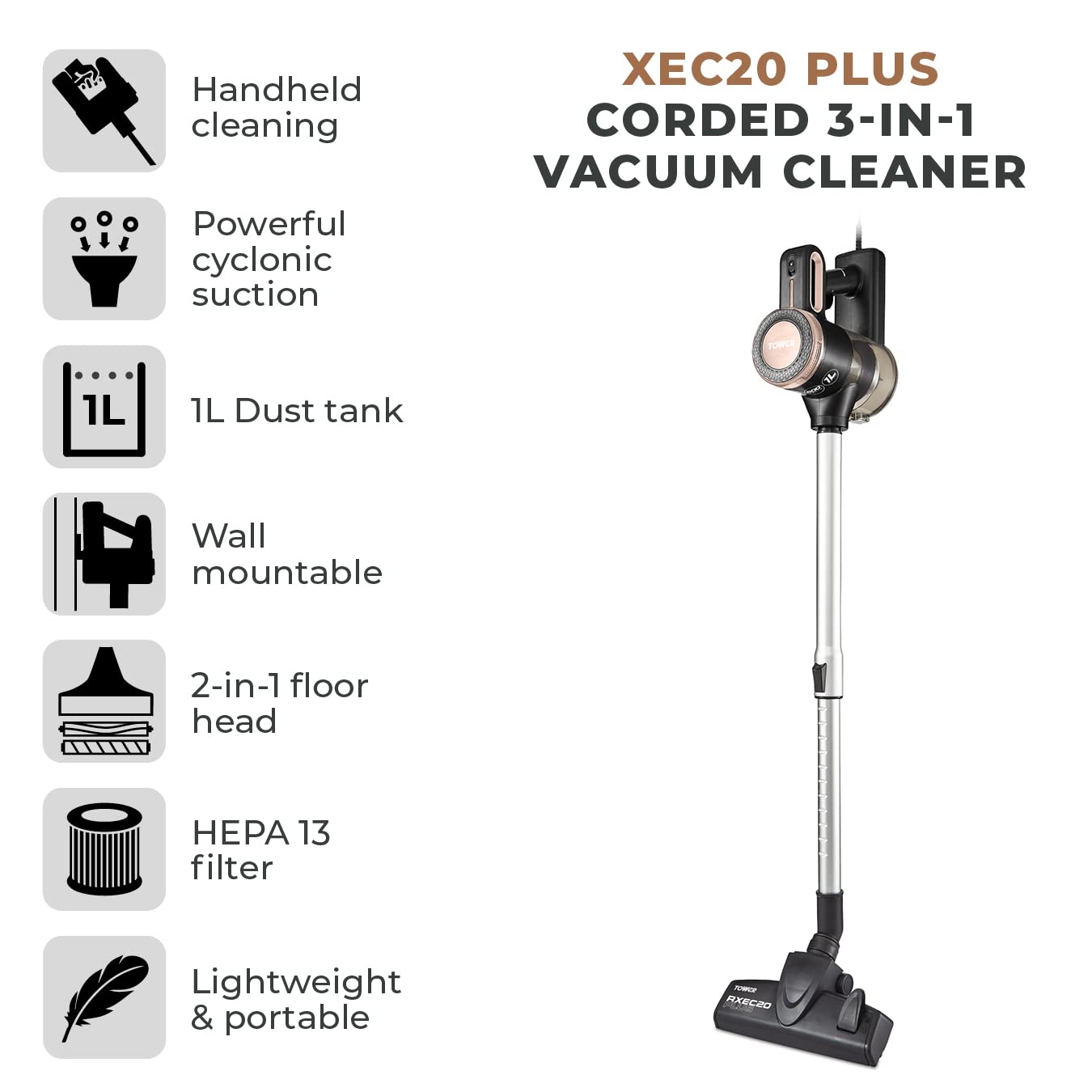 Tower T513005BLG Pro Corded 3-in-1 Vacuum Cleaner with Cyclonic Suction, Built-in HEPA 13 Filter and Detachable Handheld Mode, Black and Rose Gold