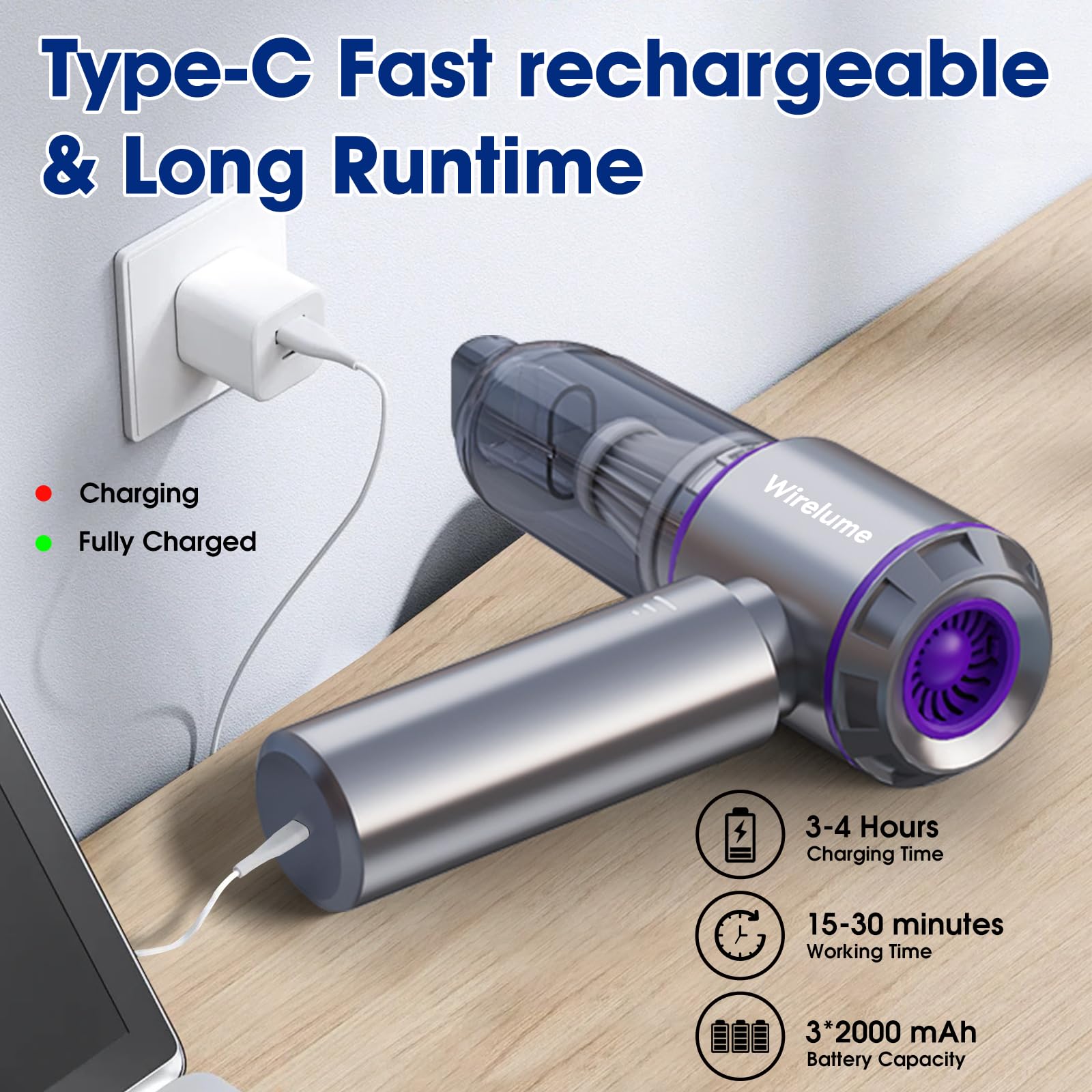 Wirelume Handheld Car Vacuum Cleaner Cordless Powerful 22000Pa Strong Cyclonic Suction Blowing Brushless Motor Portable Rechargable Lightweight for Pet Hair Vehicle Home Office Purple