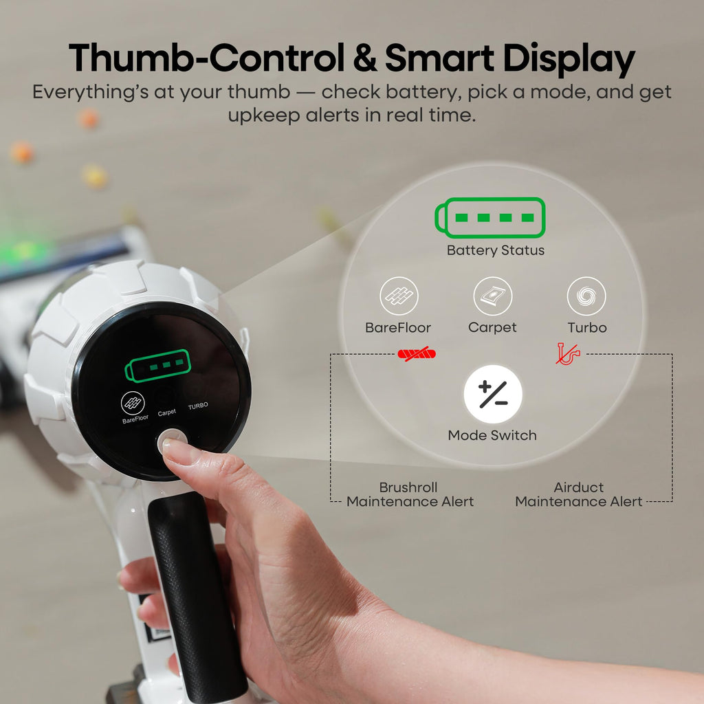 ElecKeys Cordless Vacuum Cleaner 580W, 48KPa High Suction Hoover, up to 65 Mins Runtime, LED Screen, Rechargeable Vacuum Cleaner for Home, Floors, Carpets & Pet Hair
