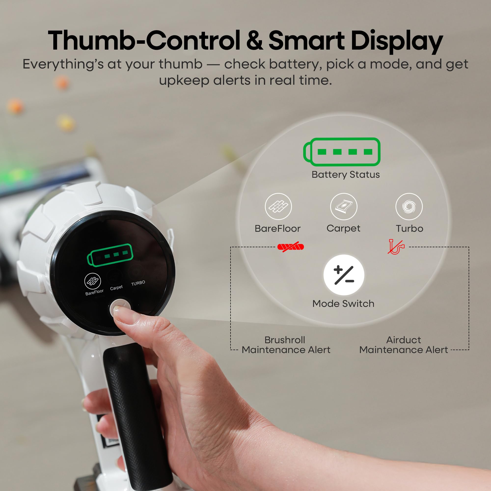 ElecKeys Cordless Vacuum Cleaner 580W, 48KPa High Suction Hoover, up to 65 Mins Runtime, LED Screen, Rechargeable Vacuum Cleaner for Home, Floors, Carpets & Pet Hair
