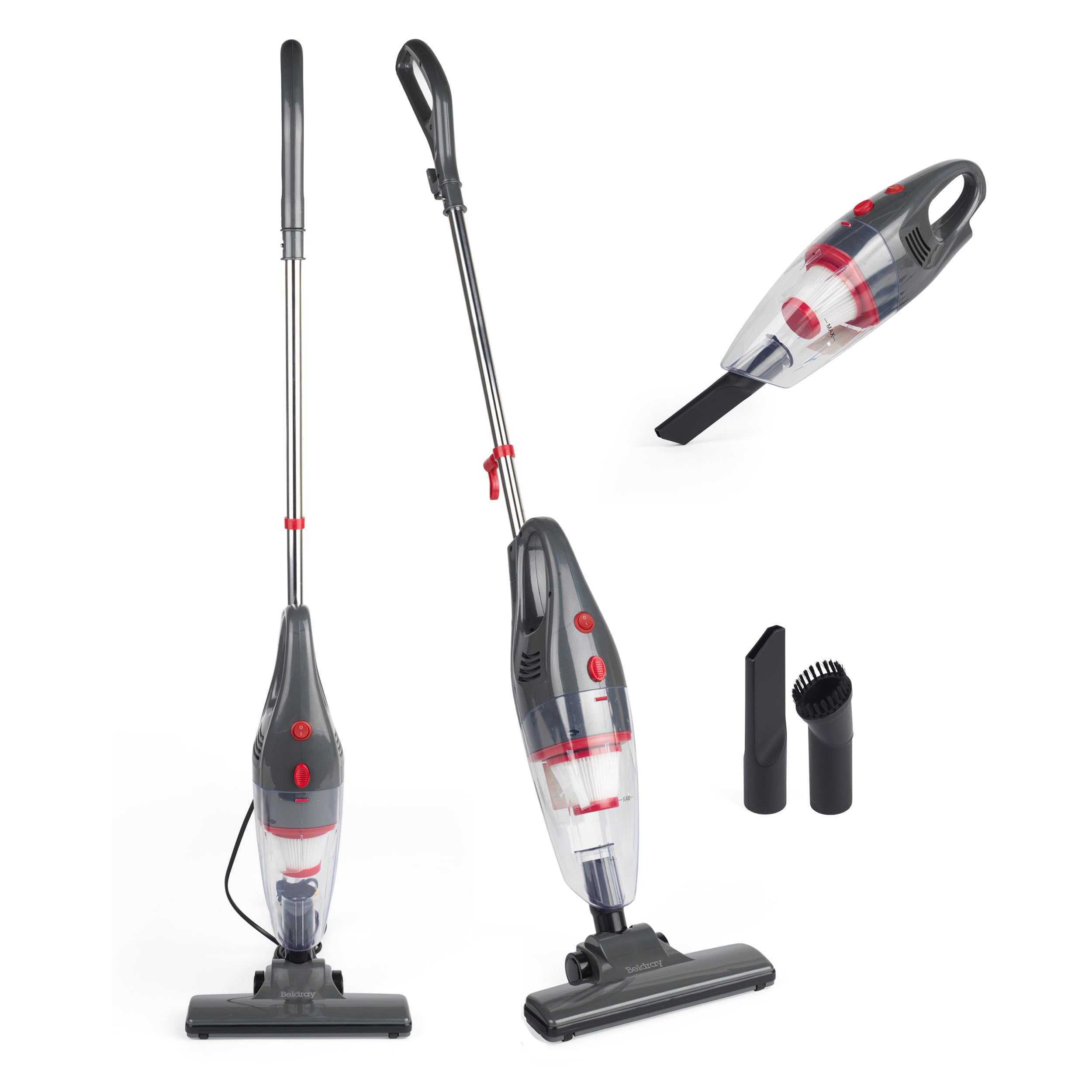 Beldray 2 in 1 Upright Vacuum Cleaner, Corded Handheld Vacuum Cleaner, Lightweight, Bagless, with 1L Dust Tank, HEPA Filter, 600W, Crevice and Brush Tools, Stairs, Upholstery and Car