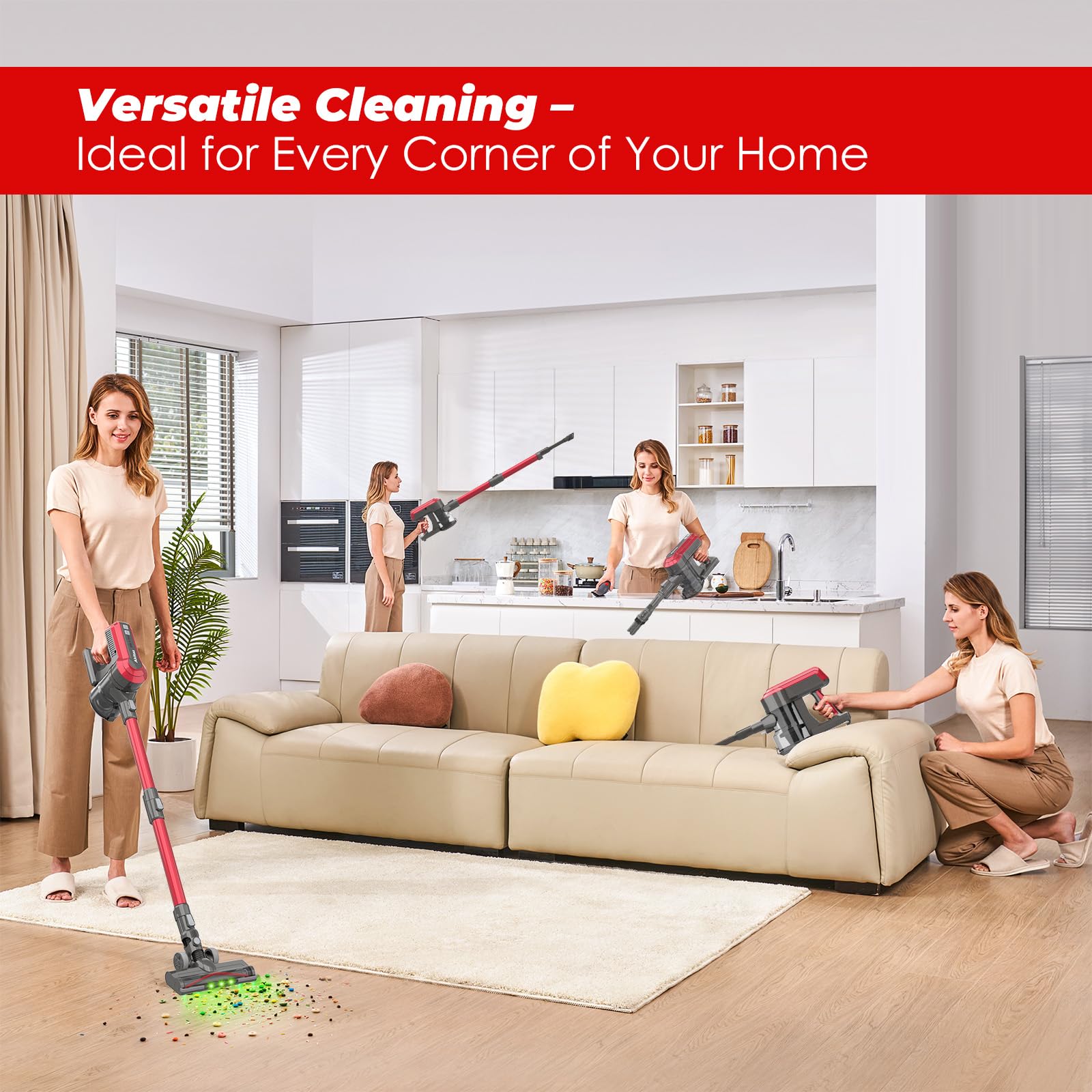Akitas V10A Cordless Vacuum Cleaner 450W BLDC Motor 45kPa Suction 60min Runtime Lightweight Stick & Handheld LED Power Brush with Green Light Tangle-Free Ideal for Carpet Hard Floors & Pet Hair