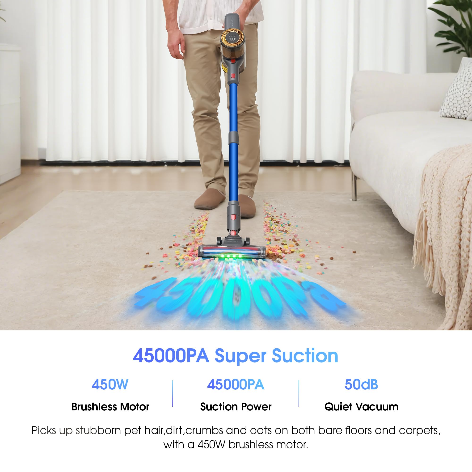 Cordless Vacuum Cleaner,Stick Vacuum 45KPA/450W/60min,Wall-mounted Charging/V-shaped Anti-Tangle,with Self-standing Function and Removable Battery,Vacuum Cleaner for Pet Hair,Carpets and Hard Floors