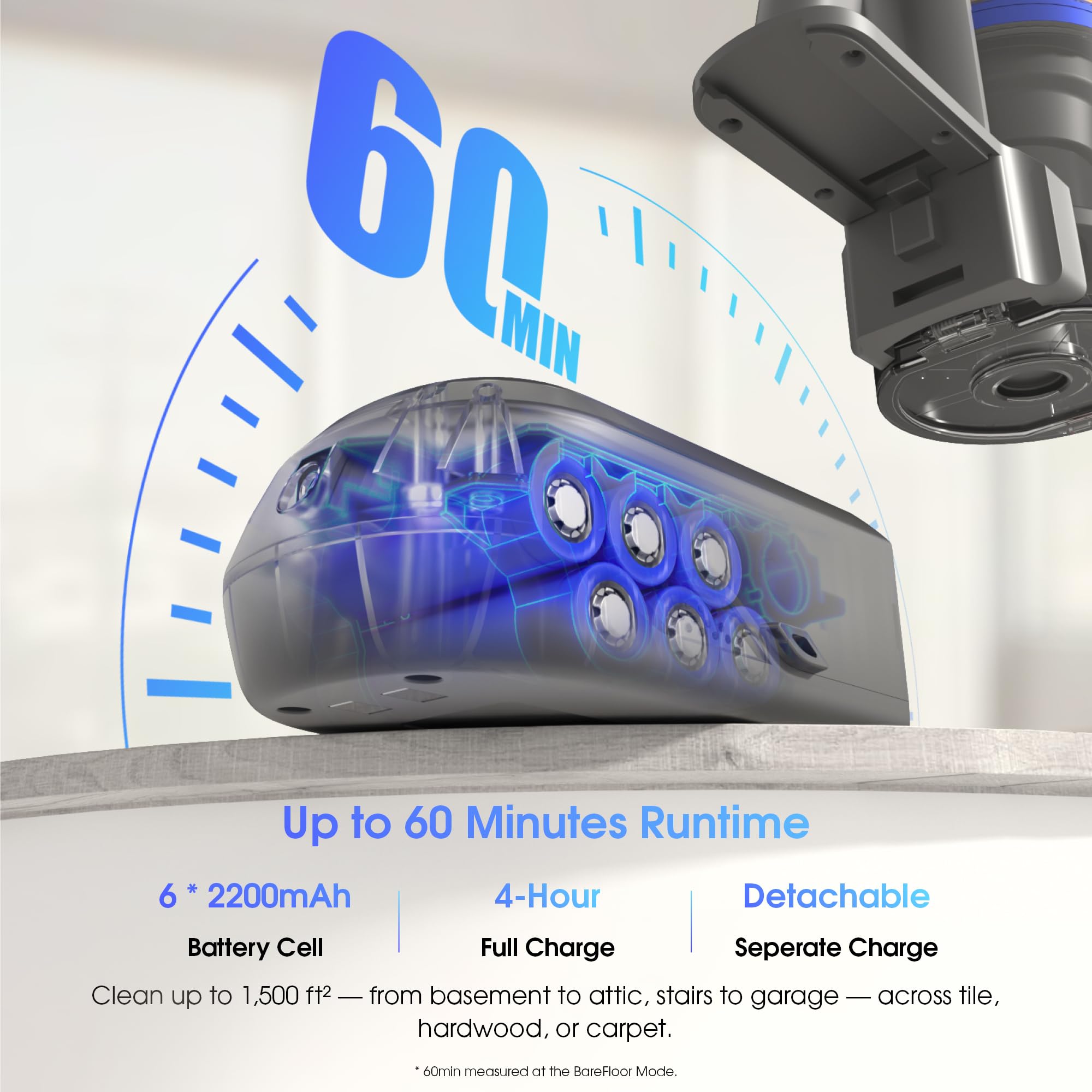 Cordless Vacuum Cleaner,Stick Vacuum 45KPA/450W/60min,Wall-mounted Charging/V-shaped Anti-Tangle,with Self-standing Function and Removable Battery,Vacuum Cleaner for Pet Hair,Carpets and Hard Floors