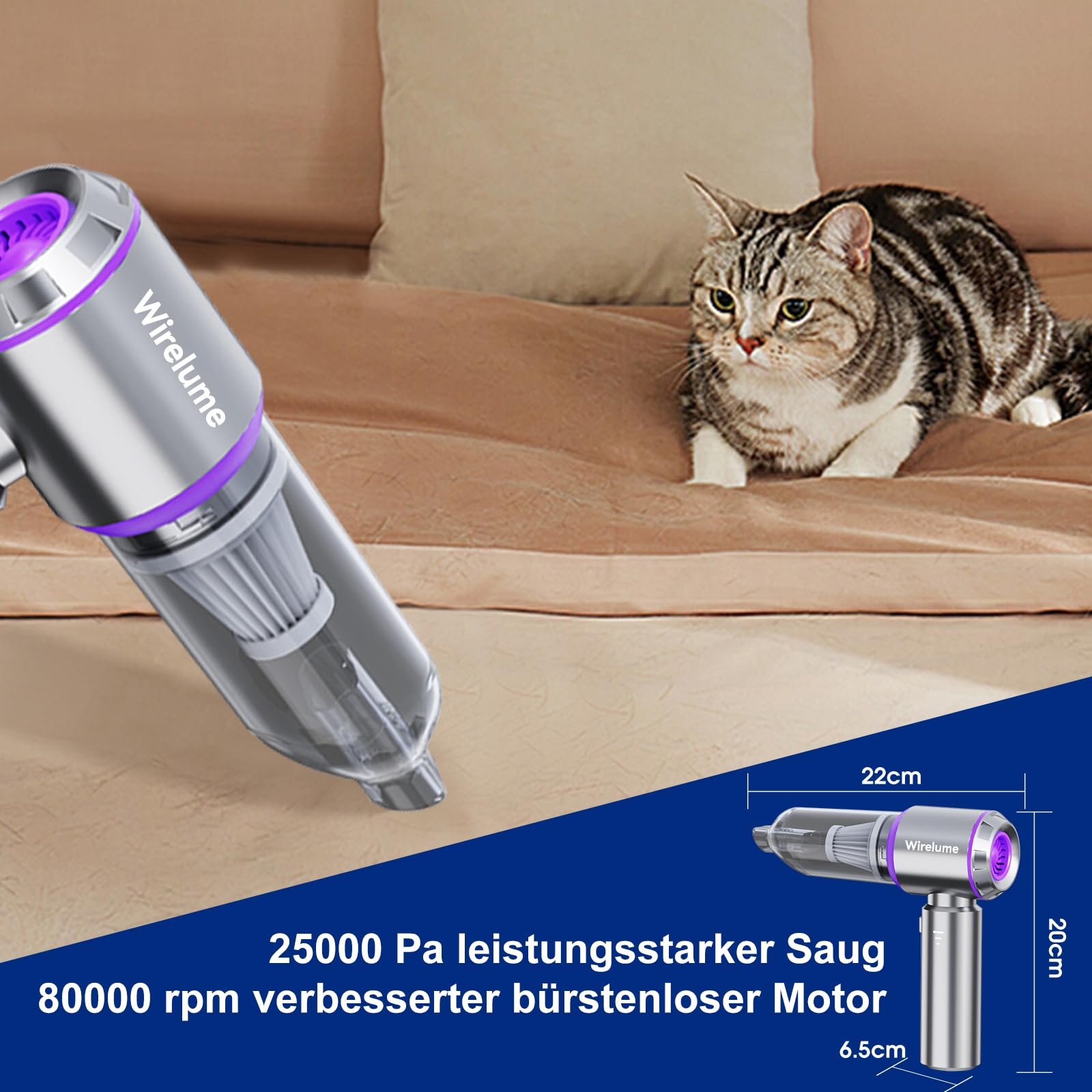 Wirelume Handheld Car Vacuum Cleaner Cordless Powerful 22000Pa Strong Cyclonic Suction Blowing Brushless Motor Portable Rechargable Lightweight for Pet Hair Vehicle Home Office Purple
