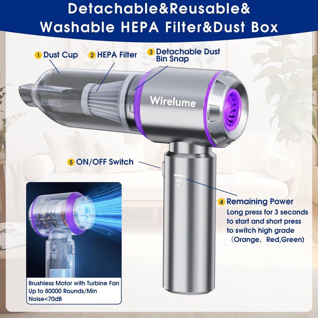 Wirelume Handheld Car Vacuum Cleaner Cordless Powerful 22000Pa Strong Cyclonic Suction Blowing Brushless Motor Portable Rechargable Lightweight for Pet Hair Vehicle Home Office Purple