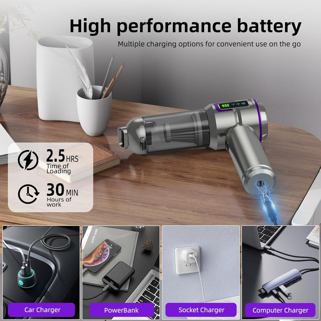 botatio Handheld Vacuum Cleaner, 25000Pa Car Vacuum Powerful Suction, 4-in-1 Hand Cordless Car Vacuum with Digital Display, 1-Touch Automatic Emptying, Brushless Motor & 3 Speeds, Silver