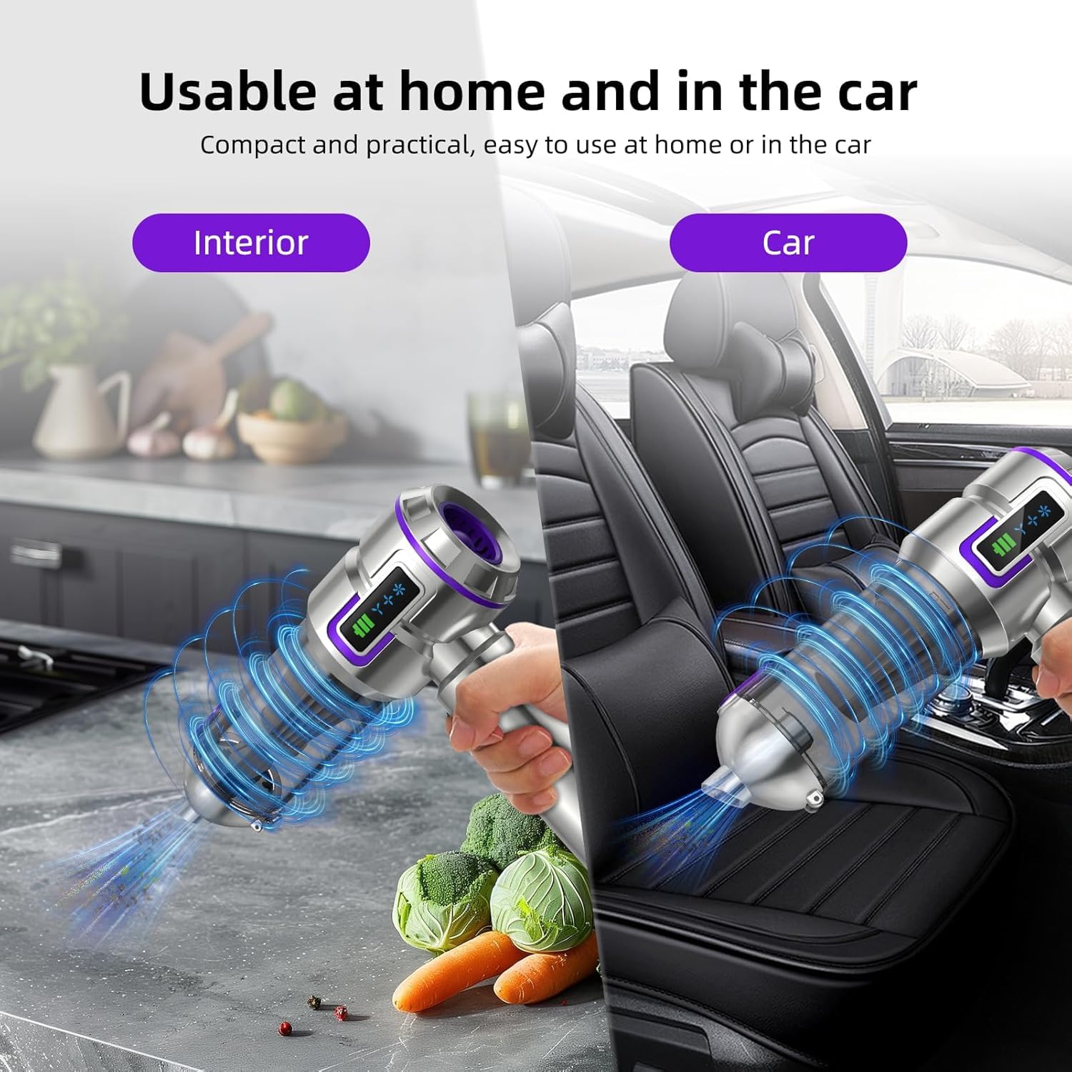 botatio Handheld Vacuum Cleaner, 25000Pa Car Vacuum Powerful Suction, 4-in-1 Hand Cordless Car Vacuum with Digital Display, 1-Touch Automatic Emptying, Brushless Motor & 3 Speeds, Silver