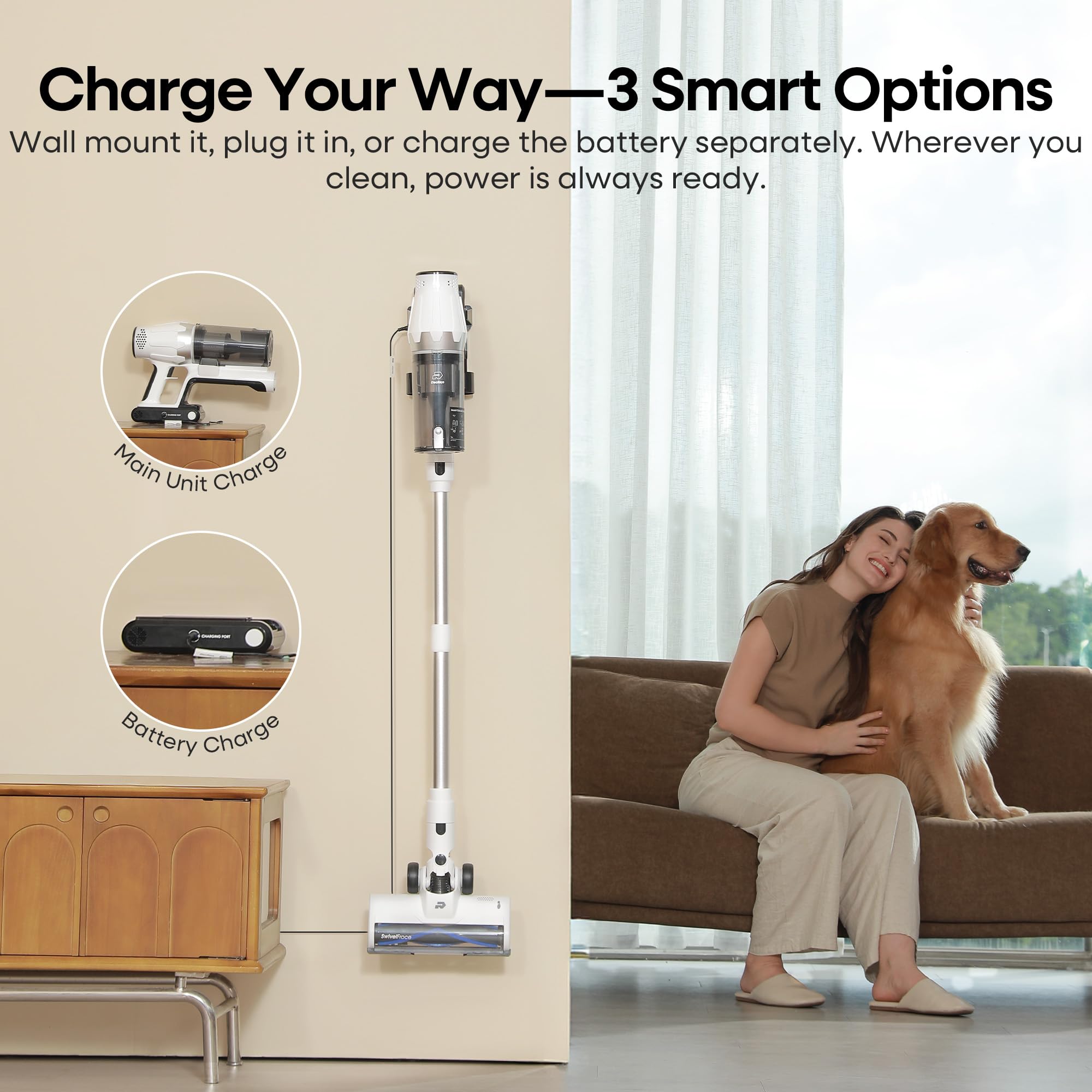 ElecKeys Cordless Vacuum Cleaner 580W, 48KPa High Suction Hoover, up to 65 Mins Runtime, LED Screen, Rechargeable Vacuum Cleaner for Home, Floors, Carpets & Pet Hair