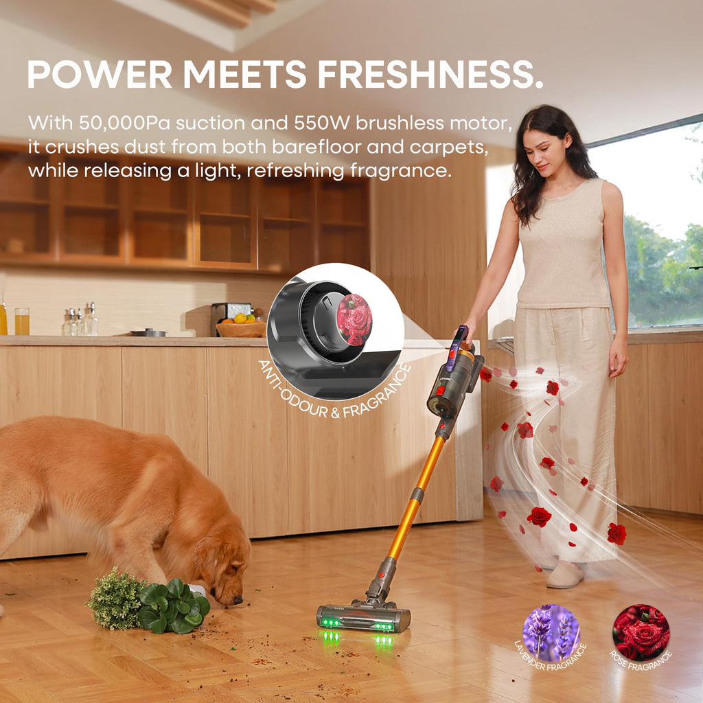 X20 Cordless Vacuum Cleaner with Aromatherapy, 50KPa/550W/70Mins Stick Vacuum, 1.5L Dustbin handheld Vacuum Self-Standing, Rechargeable Battery, Anti-Tangled, LED Display for Pet Hair/Carpet/Floor