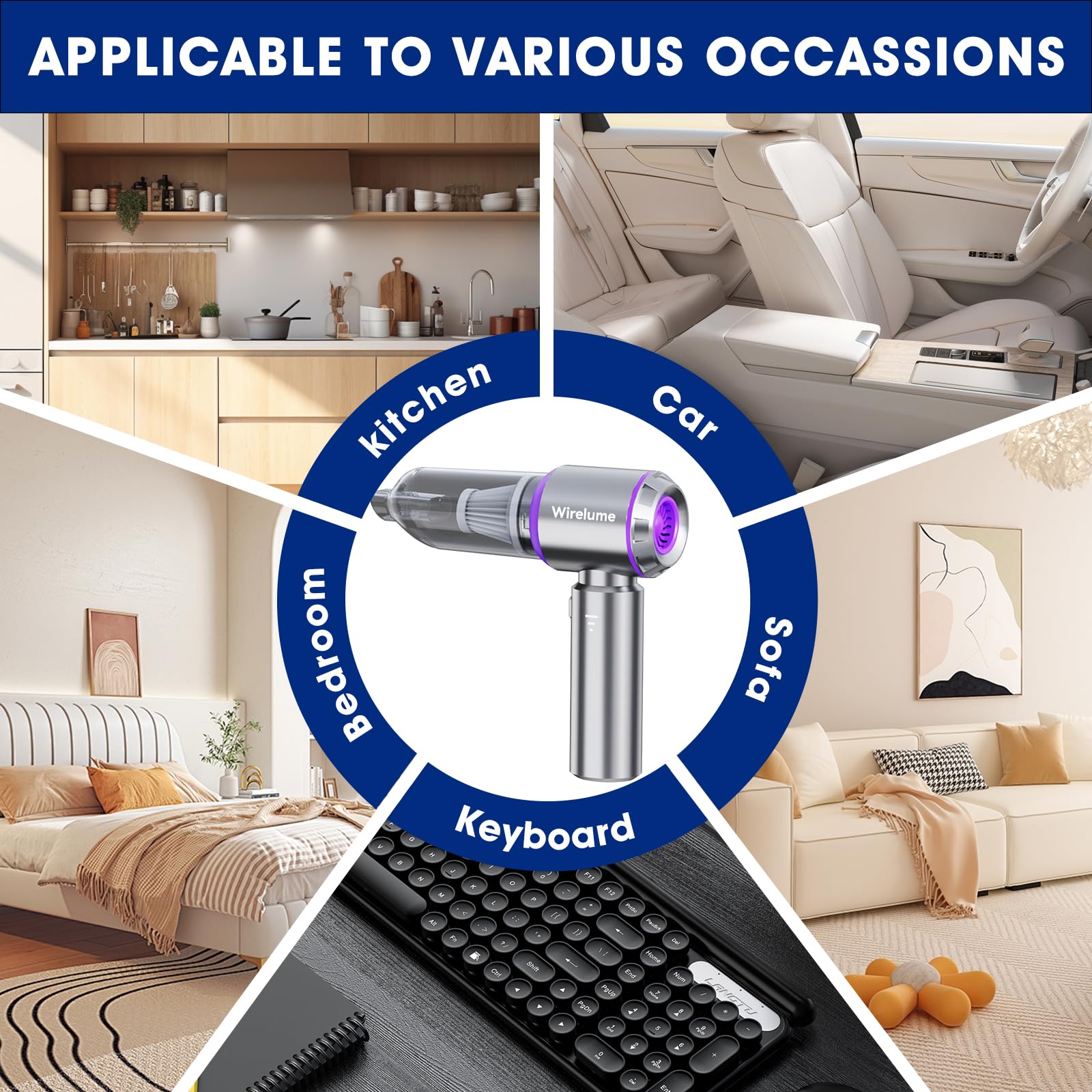 Wirelume Handheld Car Vacuum Cleaner Cordless Powerful 22000Pa Strong Cyclonic Suction Blowing Brushless Motor Portable Rechargable Lightweight for Pet Hair Vehicle Home Office Purple