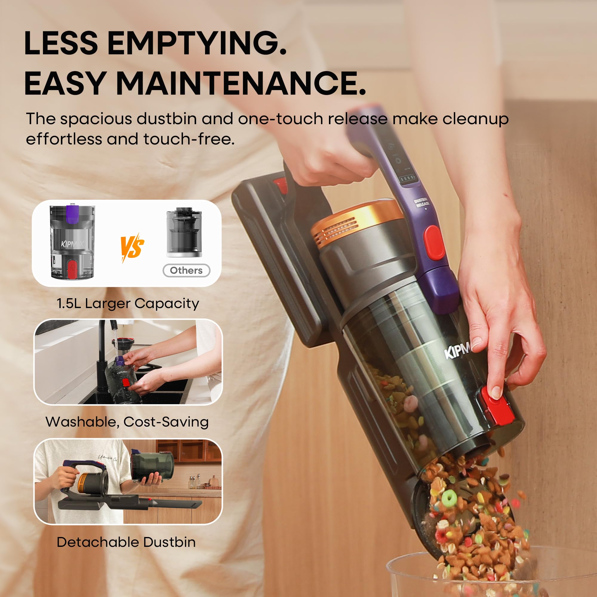 KIPMAX Cordless Vacuum Cleaner, 50KPa/70Mins/550W Stick Vacuum with Aromatherapy, Anti-Tangled handheld Vacuum Cleaner Self-Standing, Rechargeable Battery, LED Display for Pet Hair/Carpet/Floor