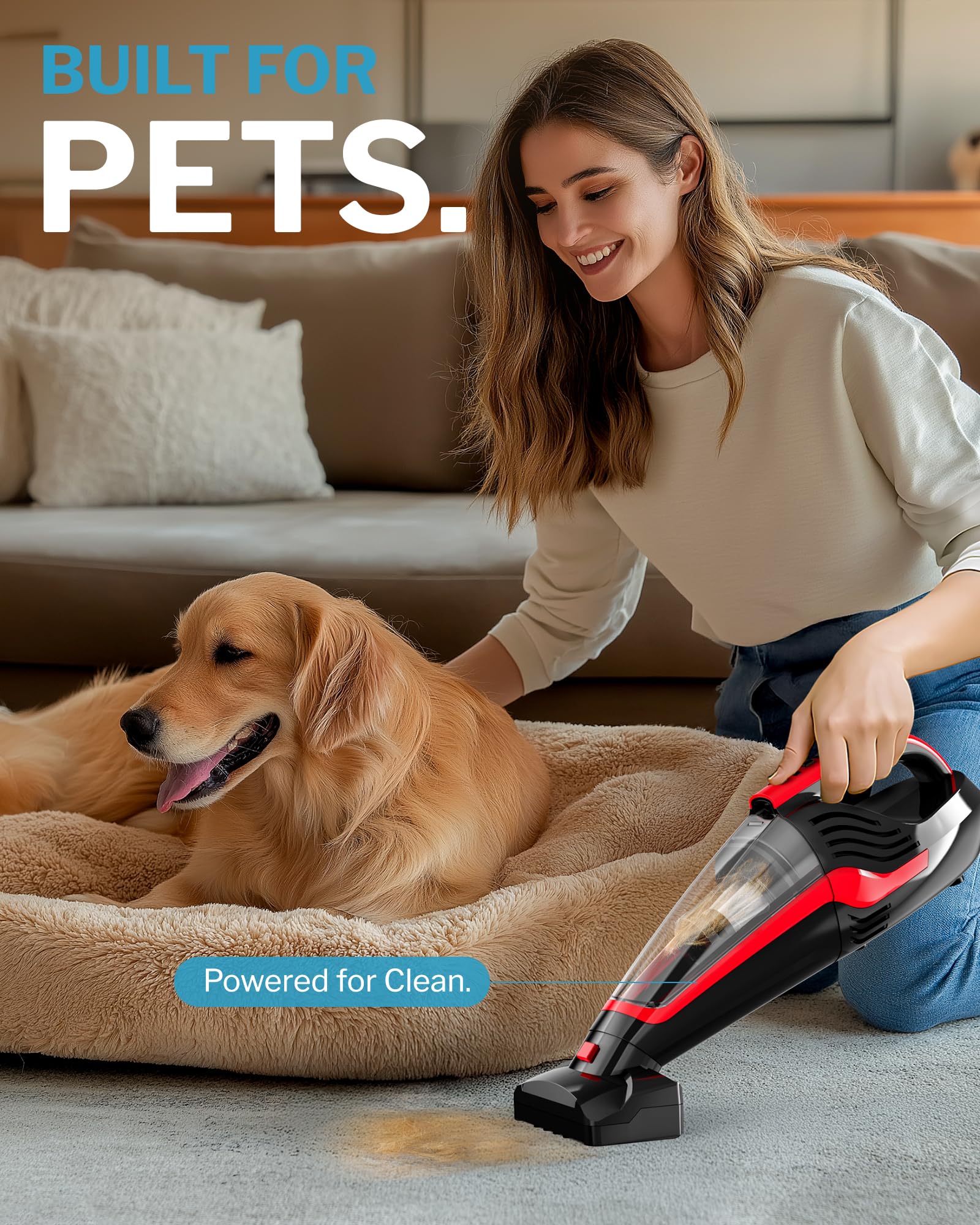 Powools Pet Hair Handheld Vacuum, Car Vacuum Cleaner Cordless Rechargeable, Hand Vacuum with Reusable Filter and Motorized Brush for Carpet, Couch & Stairs, Red, 16.0" X 5.0" X 6.6"