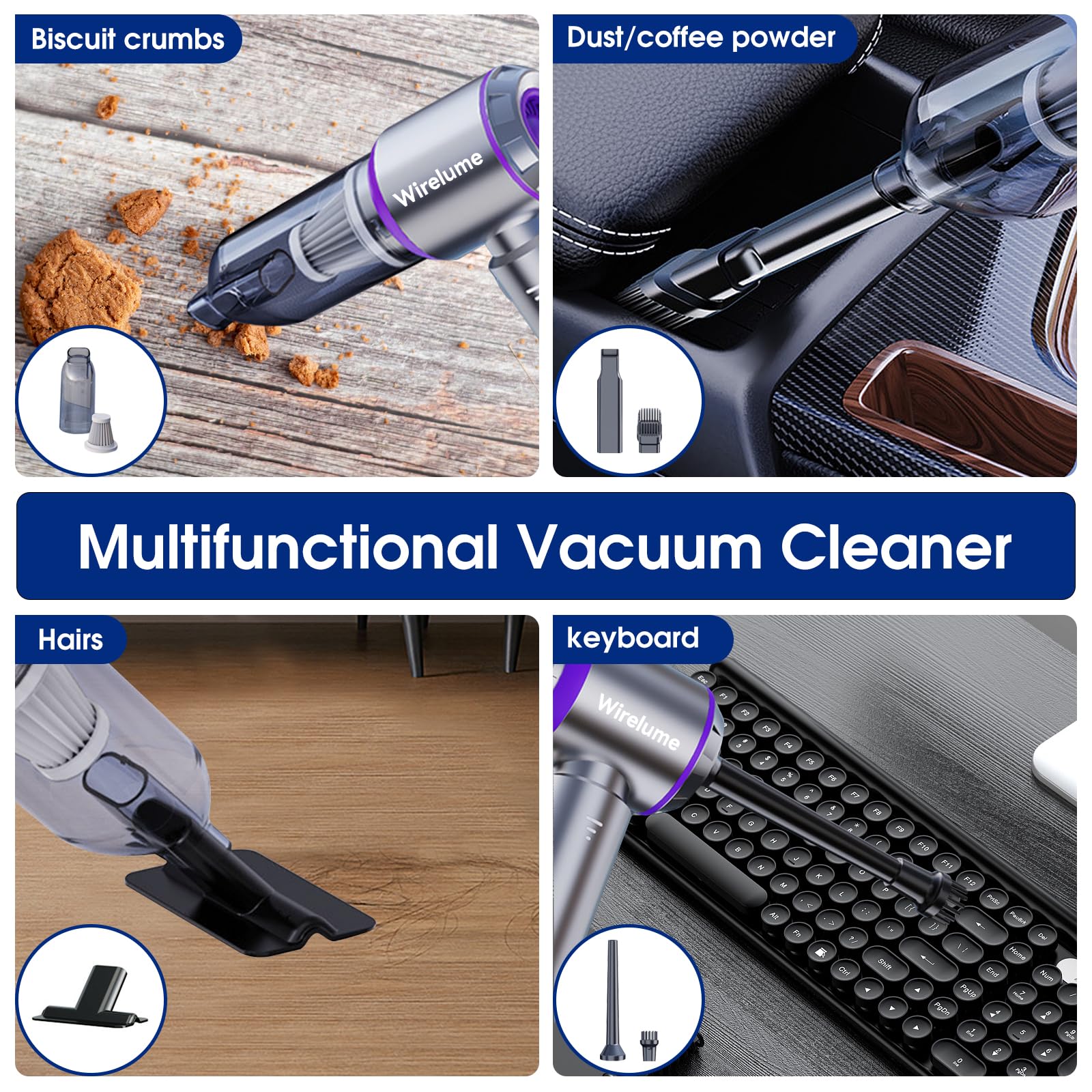 Wirelume Handheld Car Vacuum Cleaner Cordless Powerful 22000Pa Strong Cyclonic Suction Blowing Brushless Motor Portable Rechargable Lightweight for Pet Hair Vehicle Home Office Purple