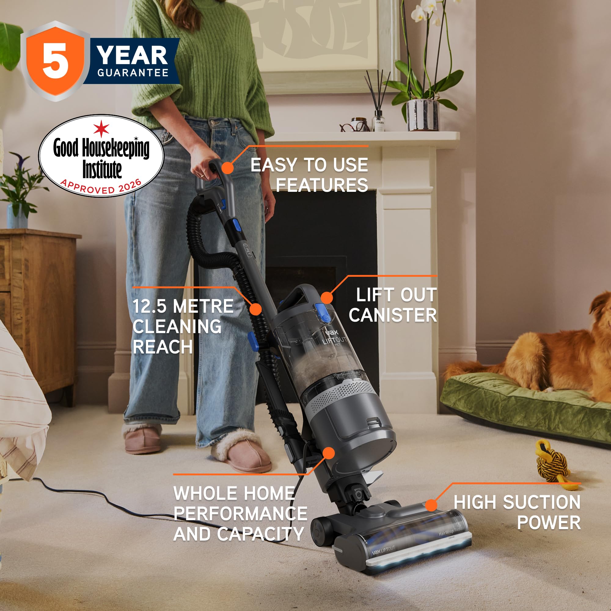 Vax LiftOut Pet Corded Upright Bagless Vacuum Cleaner, Lightweight, Handheld Tool Attachments for Pet Hair, Car, Upholstery, Bed, Mattress, Home cleaning, 600W, 6.11kg, Graphite/Blue, CDUP-LOXP