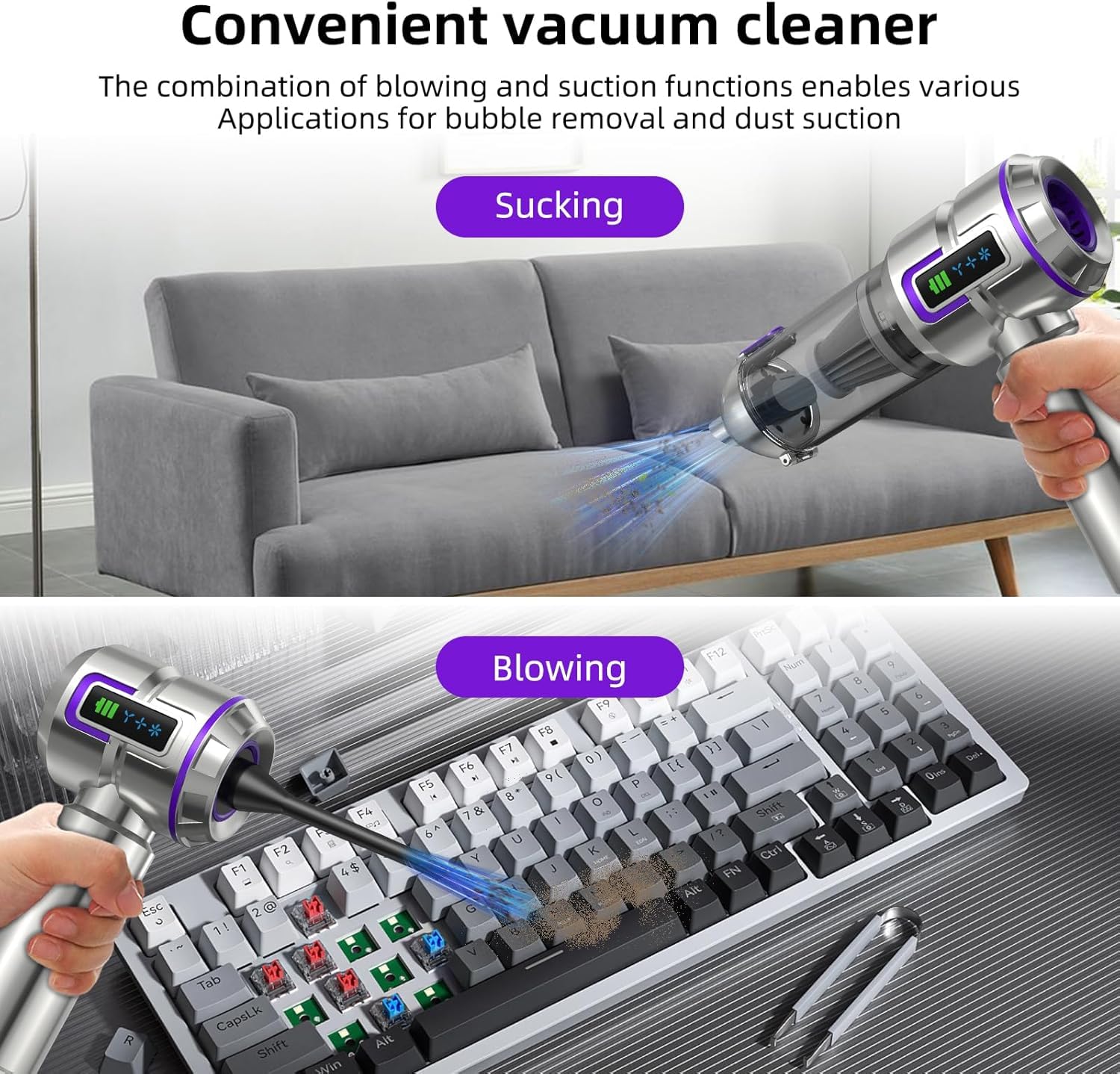 botatio Handheld Vacuum Cleaner, 25000Pa Car Vacuum Powerful Suction, 4-in-1 Hand Cordless Car Vacuum with Digital Display, 1-Touch Automatic Emptying, Brushless Motor & 3 Speeds, Silver