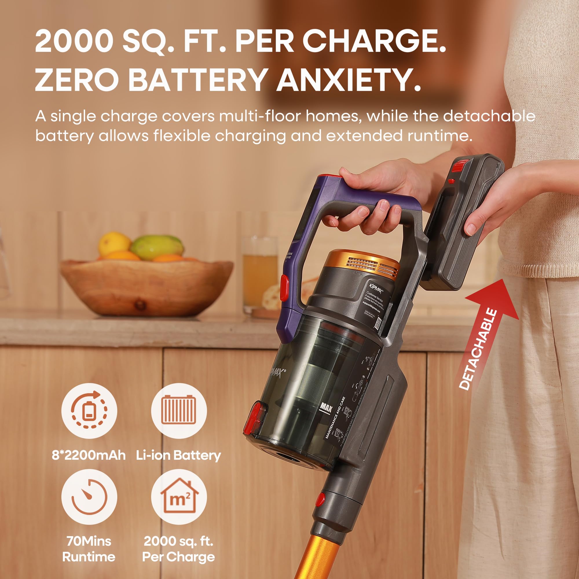 KIPMAX Cordless Vacuum Cleaner, 50KPa/70Mins/550W Stick Vacuum with Aromatherapy, Anti-Tangled handheld Vacuum Cleaner Self-Standing, Rechargeable Battery, LED Display for Pet Hair/Carpet/Floor