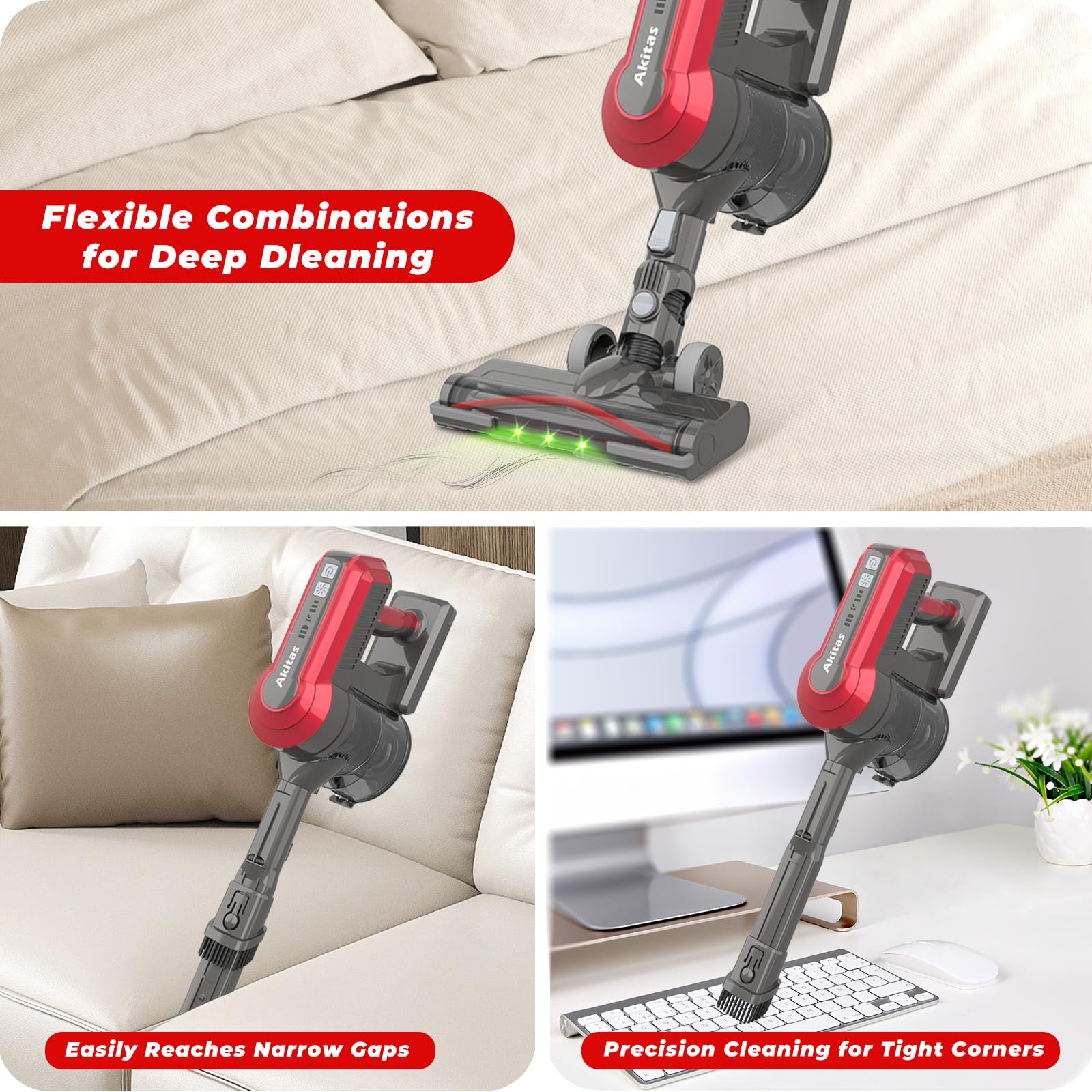 Akitas V10A Cordless Vacuum Cleaner 450W BLDC Motor 45kPa Suction 60min Runtime Lightweight Stick & Handheld LED Power Brush with Green Light Tangle-Free Ideal for Carpet Hard Floors & Pet Hair